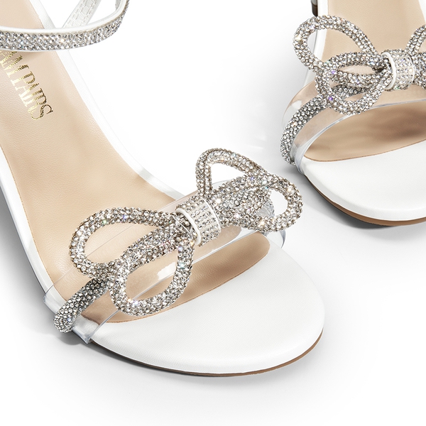 Double Bowknots Rhinestone Stiletto Heels - WHITE-PU - 5