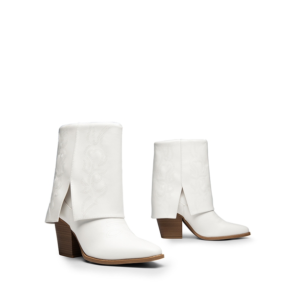 Fold Over Embroidered Cowgirl Boots - WHITE-PU - 4