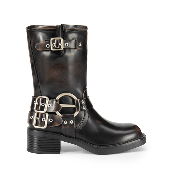 Buckles Motorcycle Mid-Calf Boots - BLACK BROWN - 3