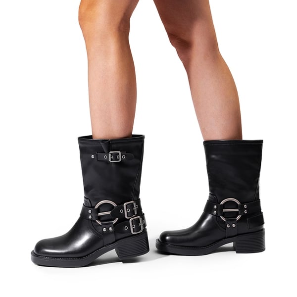 Buckles Motorcycle Mid-Calf Boots - BLACK - 2
