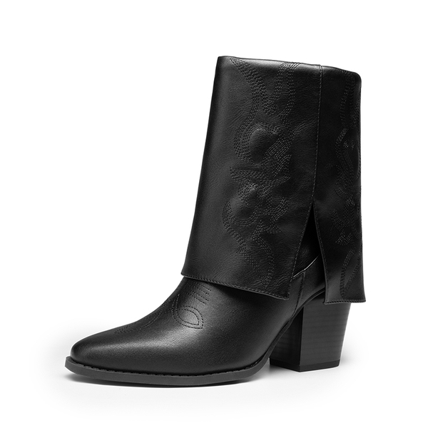 Fold Over Embroidered Cowgirl Boots - BLACK-PU -  0