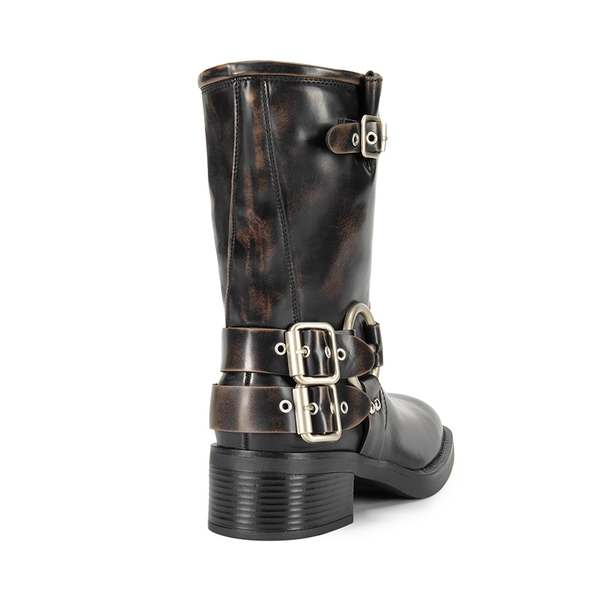 Buckles Motorcycle Mid-Calf Boots - BLACK BROWN - 4