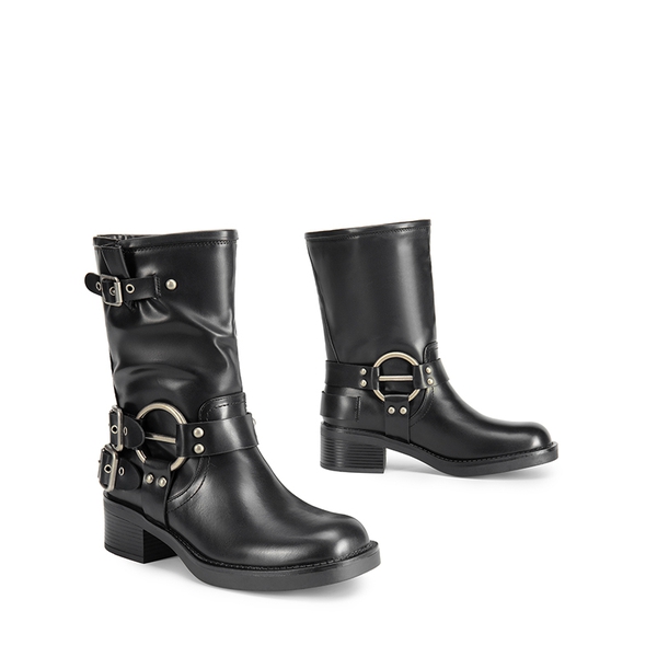 Buckles Motorcycle Mid-Calf Boots - BLACK - 6