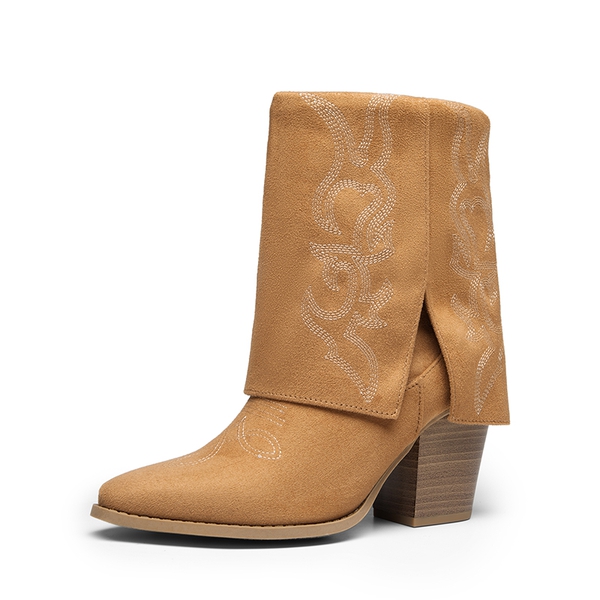 Fold Over Embroidered Cowgirl Boots - BROWN-SUEDE -  0