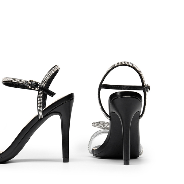 Double Bowknots Rhinestone Stiletto Heels - BLACK-PU - 4