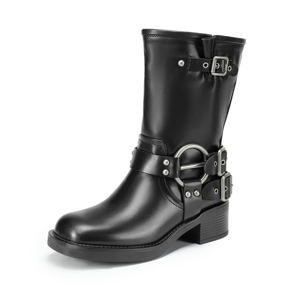 Buckles Motorcycle Mid-Calf Boots - BLACK -  0