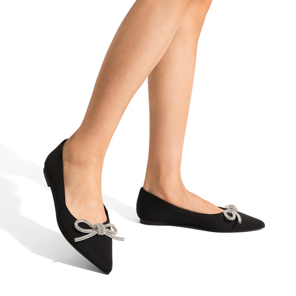 Rhinestone Bow Pointed Toe Flats - BLACK - 2