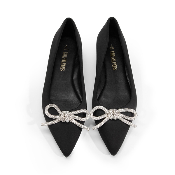 Rhinestone Bow Pointed Toe Flats - BLACK - 5