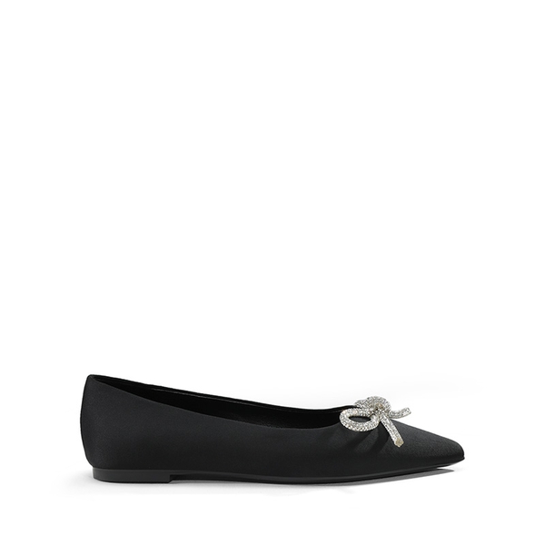 Rhinestone Bow Pointed Toe Flats - BLACK - 4