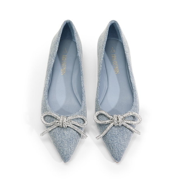 Rhinestone Bow Pointed Toe Flats - DENIM BLUE - 5