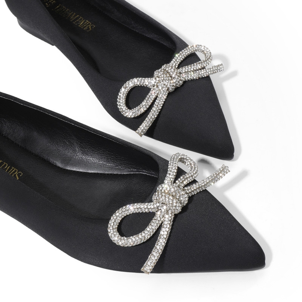 Rhinestone Bow Pointed Toe Flats - BLACK - 6