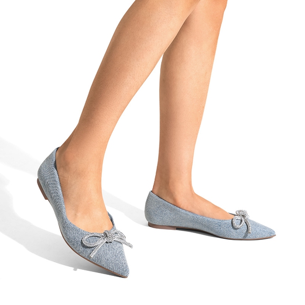 Rhinestone Bow Pointed Toe Flats - DENIM BLUE - 2