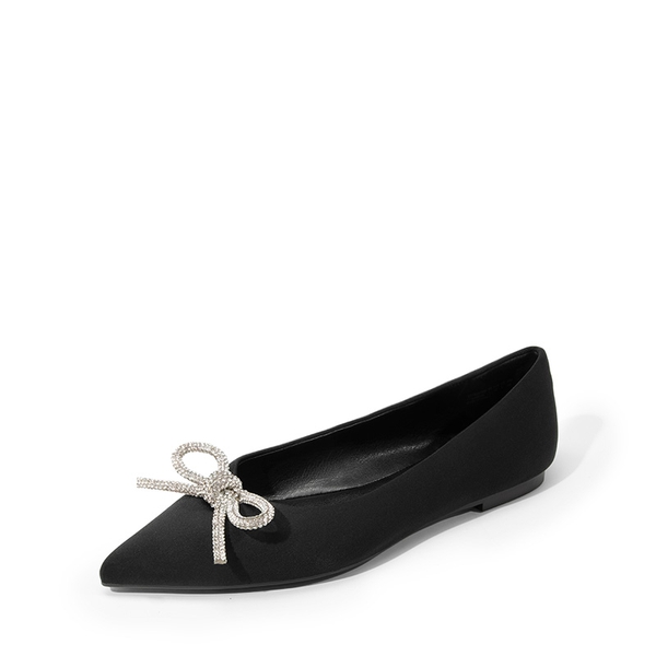 Rhinestone Bow Pointed Toe Flats - BLACK -  0