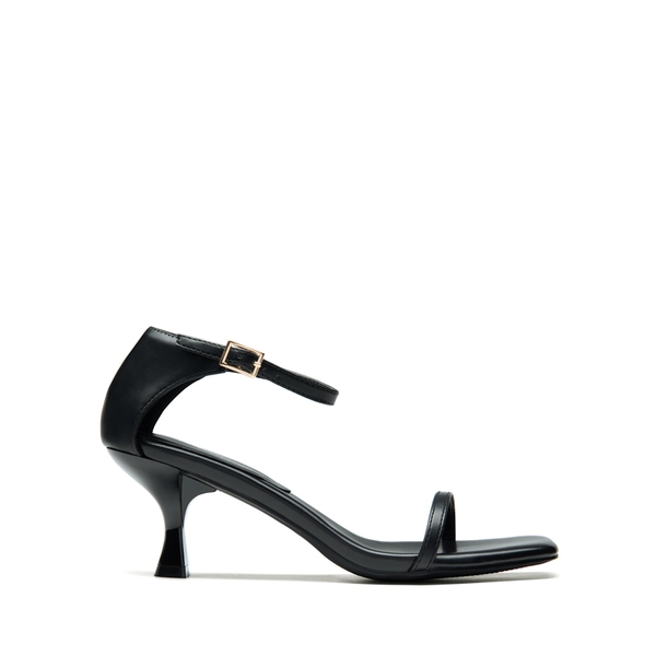 Square-Toe One Strap Kitten Heel Sandals - BLACK-PU - 3