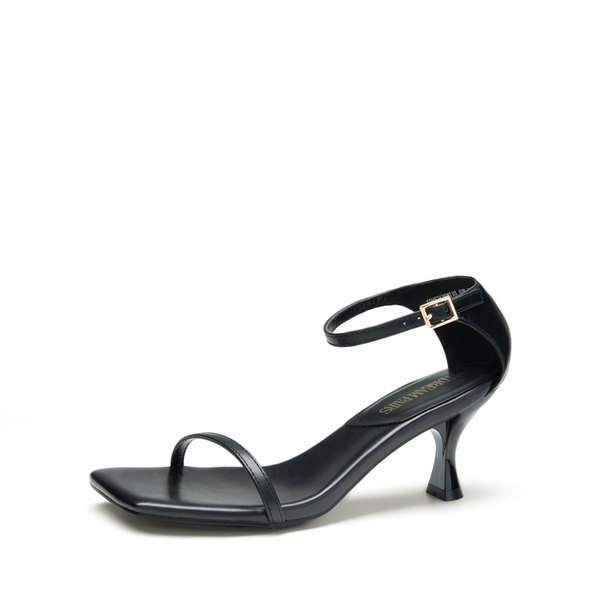 Square-Toe One Strap Kitten Heel Sandals - BLACK-PU -  0
