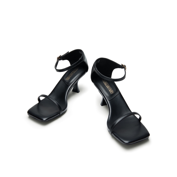 Square-Toe One Strap Kitten Heel Sandals - BLACK-PU - 5