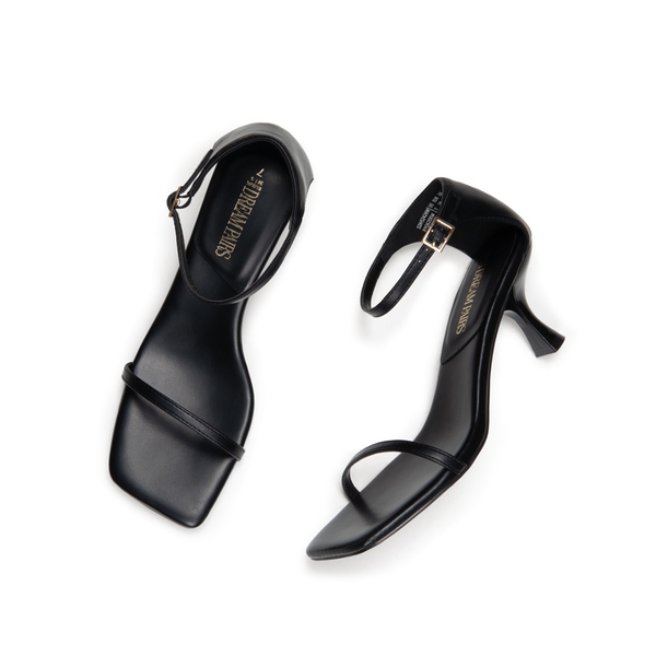 Square-Toe One Strap Kitten Heel Sandals - BLACK-PU - 6