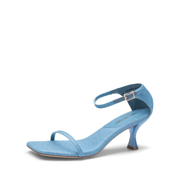 Square-Toe One Strap Kitten Heel Sandals - DENIM BLUE -  0