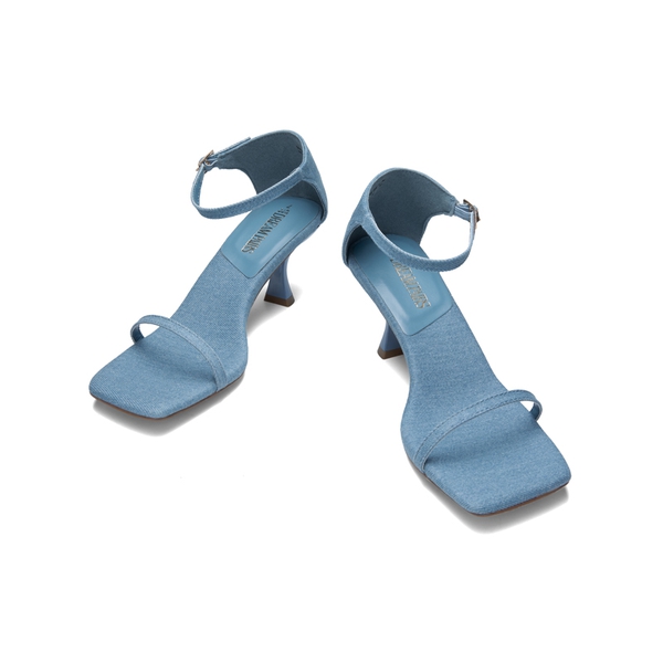 Square-Toe One Strap Kitten Heel Sandals - DENIM BLUE - 6