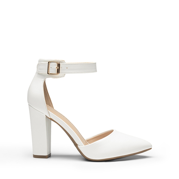 Ankle-Strap Chunky High Heel Pumps - WHITE-PU - 3