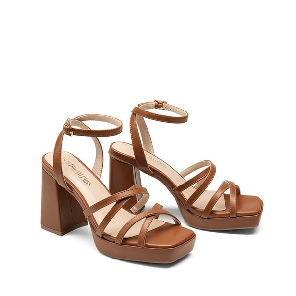 Strappy Platform Block Heel Sandals - COGNAC - 5