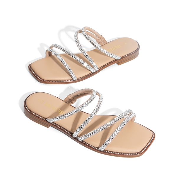 Rhinestone Straps Slide Sandals - SILVER - 4