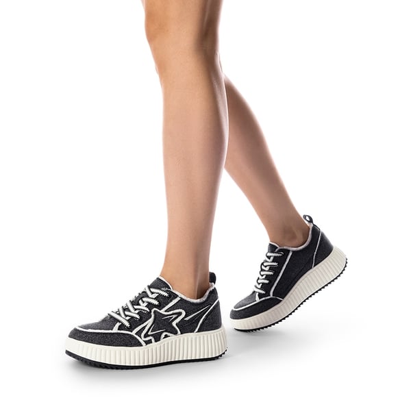 [Kay] Denim Star Patchwork Platform Fashion Sneakers - BLACK/WHITE - 1
