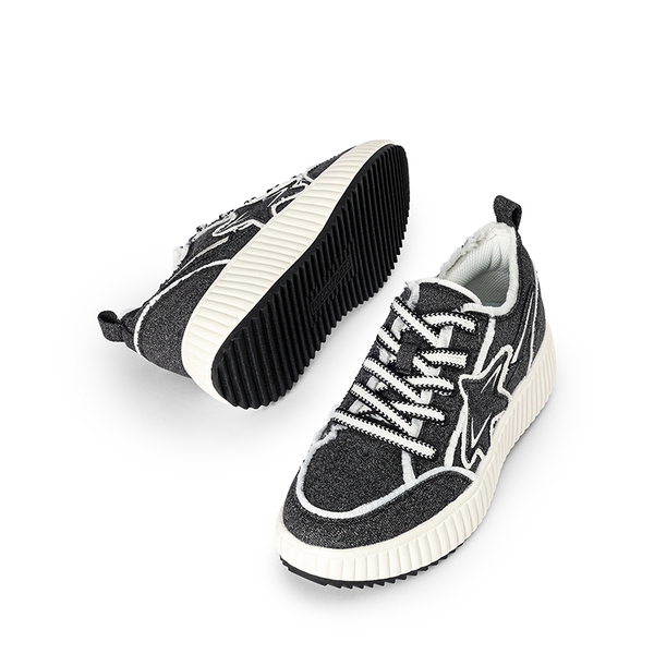 [Kay] Denim Star Patchwork Platform Fashion Sneakers - BLACK/WHITE - 6