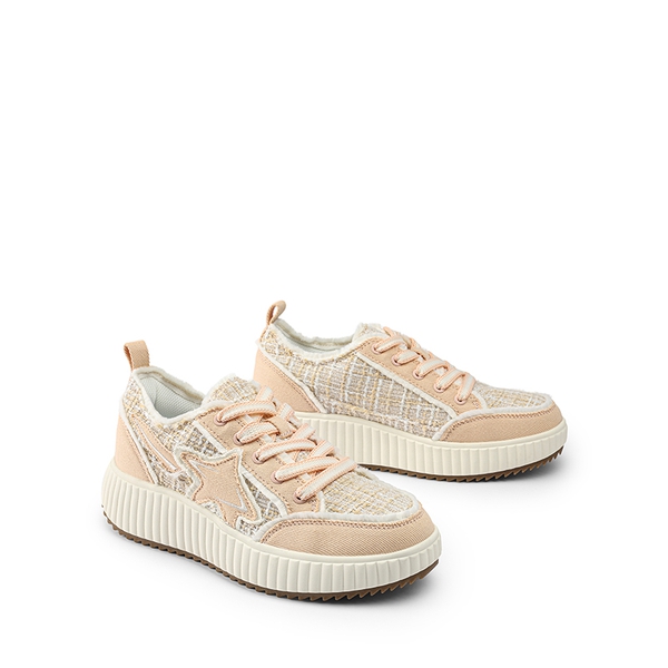 [Kay] Denim Star Patchwork Platform Fashion Sneakers - PINK/WHITE - 7