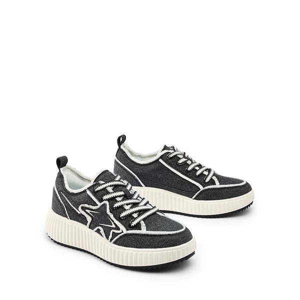 [Kay] Denim Star Patchwork Platform Fashion Sneakers - BLACK/WHITE - 7