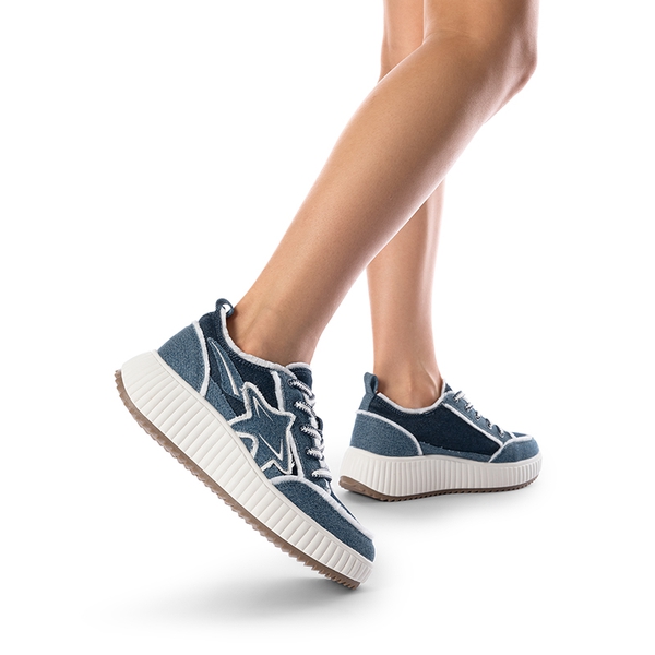 [Kay] Denim Star Patchwork Platform Fashion Sneakers - BLUE/WHITE - 2