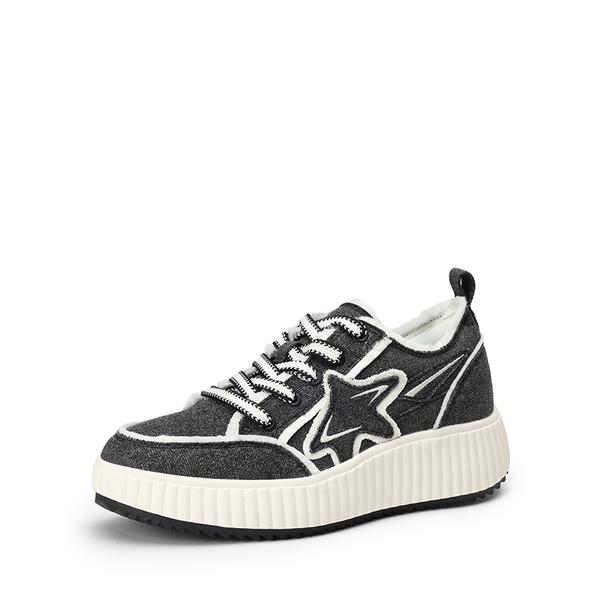 [Kay] Denim Star Patchwork Platform Fashion Sneakers - BLACK/WHITE -  0