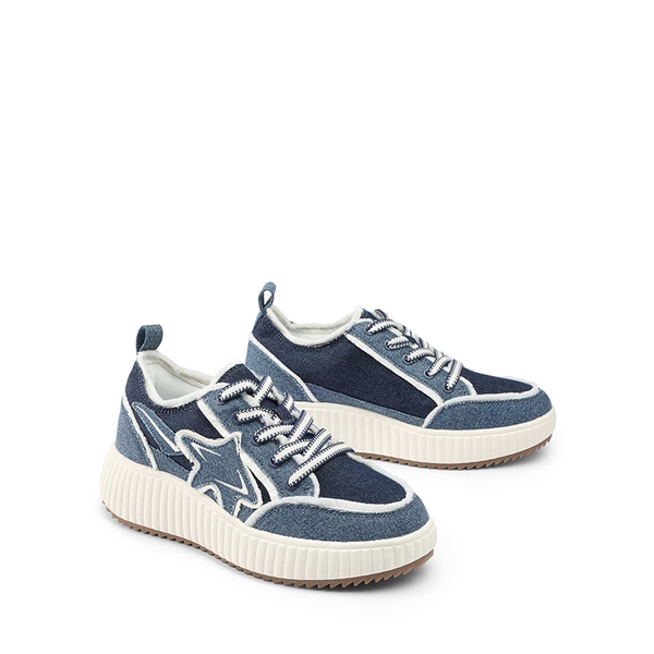[Kay] Denim Star Patchwork Platform Fashion Sneakers - BLUE/WHITE - 7
