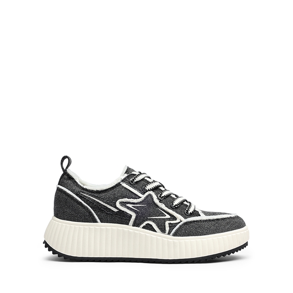 [Kay] Denim Star Patchwork Platform Fashion Sneakers - BLACK/WHITE - 4