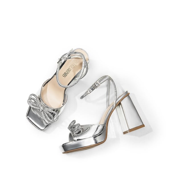  Double Bowknots Rhinestone Chunky Sandals - SILVER-PAT - 6