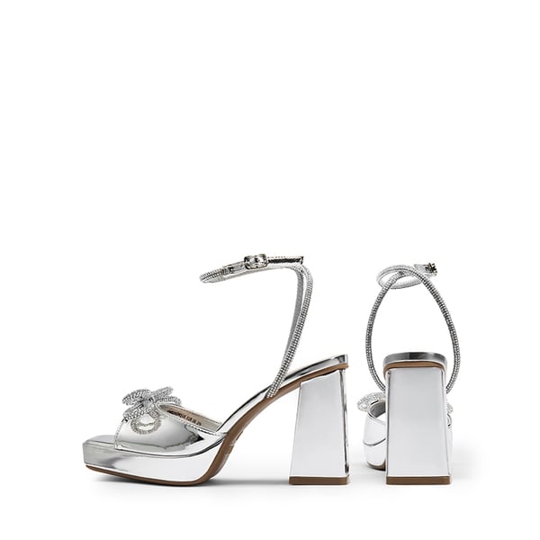  Double Bowknots Rhinestone Chunky Sandals - SILVER-PAT - 4