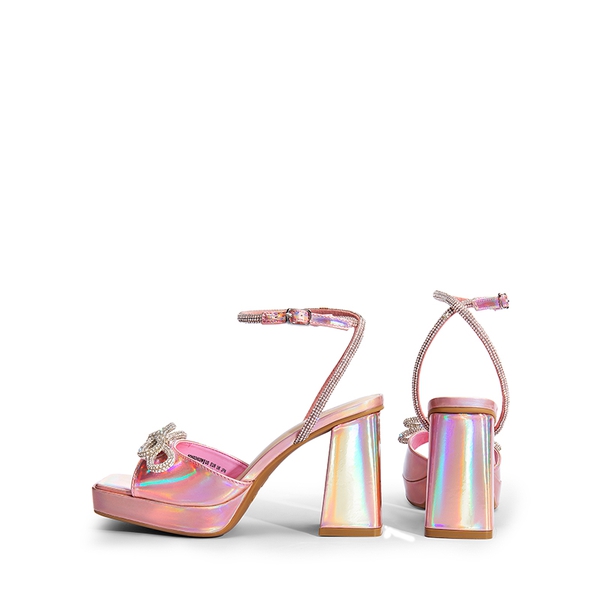  Double Bowknots Rhinestone Chunky Sandals - PINK-PU - 4