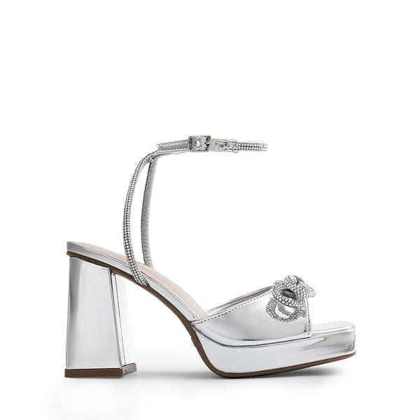  Double Bowknots Rhinestone Chunky Sandals - SILVER-PAT - 3