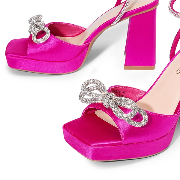  Double Bowknots Rhinestone Chunky Sandals - HOT PINK-SATIN - 5