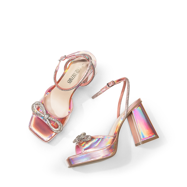  Double Bowknots Rhinestone Chunky Sandals - PINK-PU - 6