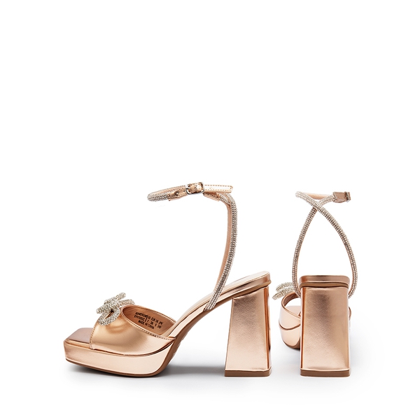  Double Bowknots Rhinestone Chunky Sandals - ROSE GOLD-PU - 4