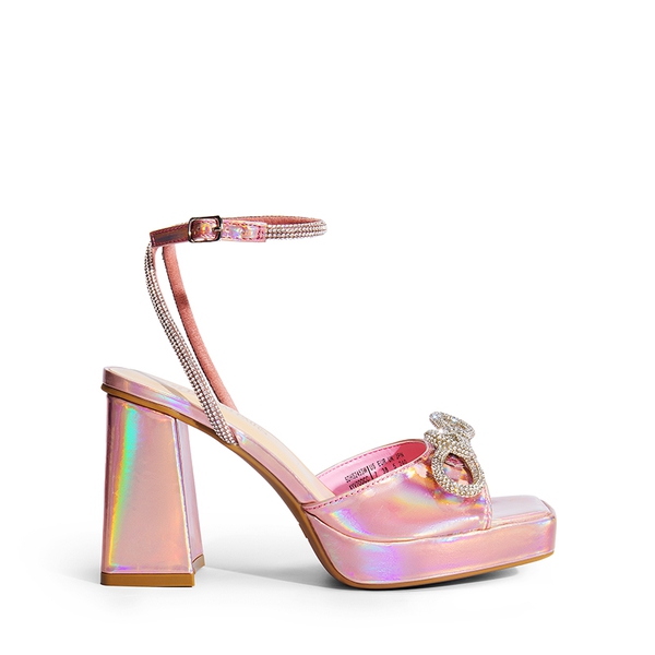  Double Bowknots Rhinestone Chunky Sandals - PINK-PU - 3