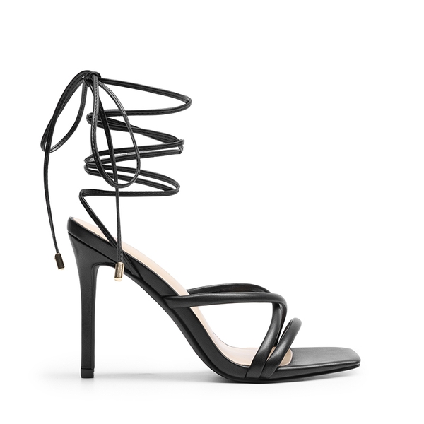 Lace Up Strappy Stilleto Sandals - BLACK-PU - 3