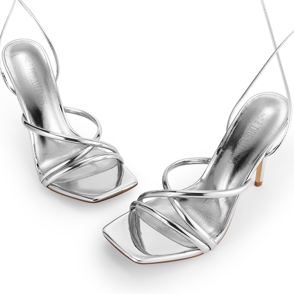 Lace Up Strappy Stilleto Sandals - SILVER-PU - 5