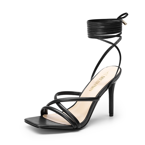 Lace Up Strappy Stilleto Sandals - BLACK-PU -  0