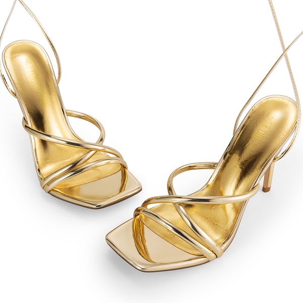 Lace Up Strappy Stilleto Sandals - GOLD-PU - 5