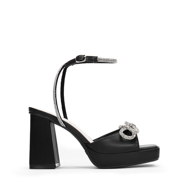  Double Bowknots Rhinestone Chunky Sandals - BLACK-PU - 3