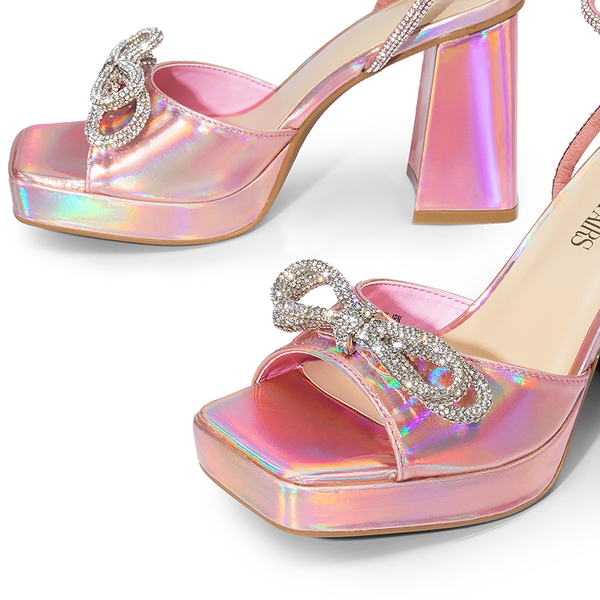  Double Bowknots Rhinestone Chunky Sandals - PINK-PU - 5
