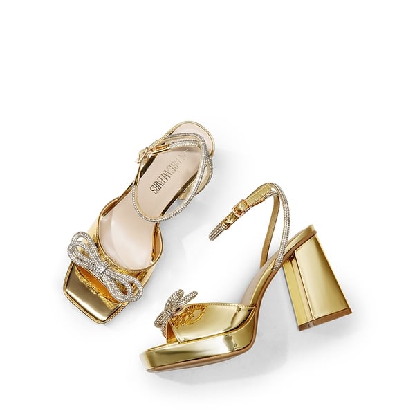  Double Bowknots Rhinestone Chunky Sandals - GOLD-PAT - 6