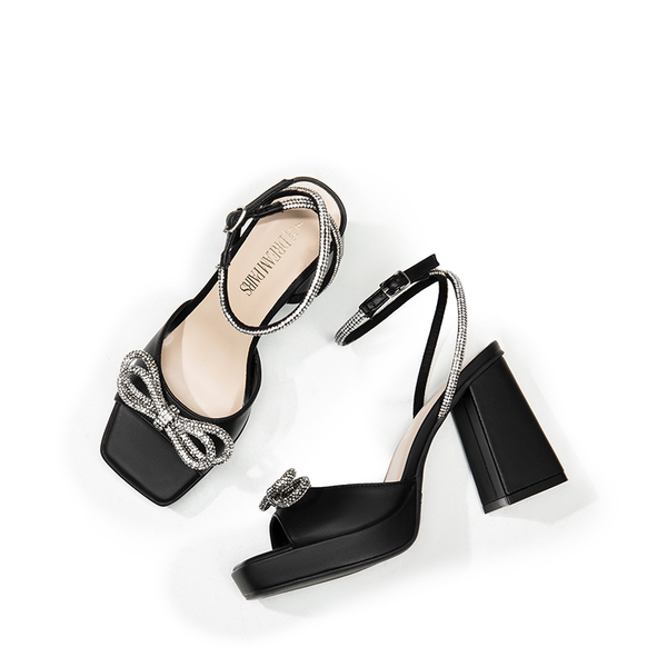  Double Bowknots Rhinestone Chunky Sandals - BLACK-PU - 6